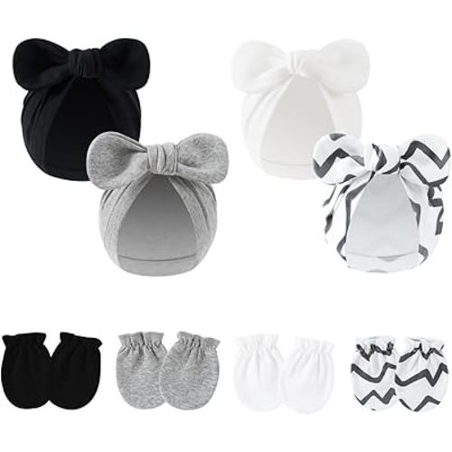 LIDHAY 4PCS Newborn Baby Hospital Hats Beanie Bow Infant Caps Cotton Preemie Hats No Scratch Mittens Set for 0-1 Years Old