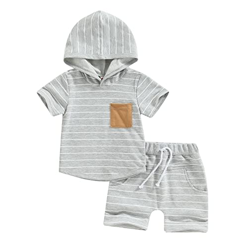Toddler Baby Boy Summer Outfit Short Sleeve Hooded Stripes Top Casual Shorts Set Infant Newborn Clothes 6 12 18 24 Month