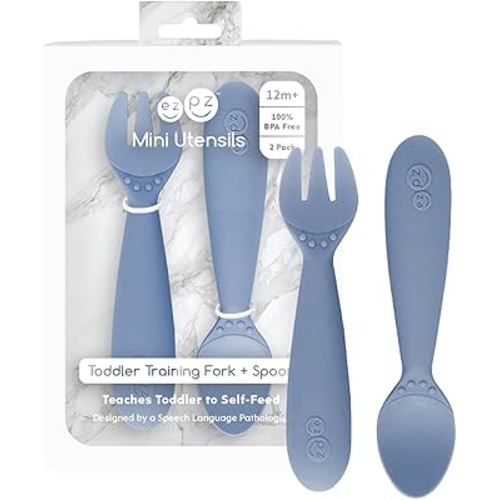 ezpz Mini Utensils - 12 Months+ (Fork & Spoon in Indigo) - 100% BPA Free Fork and Spoon - Toddler Utensils - Designed by a Pediatric Feeding Specialist