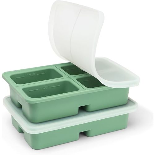 haakaa Sturdy Silicone Freezer Tray with Lid – Soup & Meal Prep Tray, 1 Cup Portion Cubes for Food Storage, Leak-Proof BPA-Free Mold, Easy Release, 2 Pack
