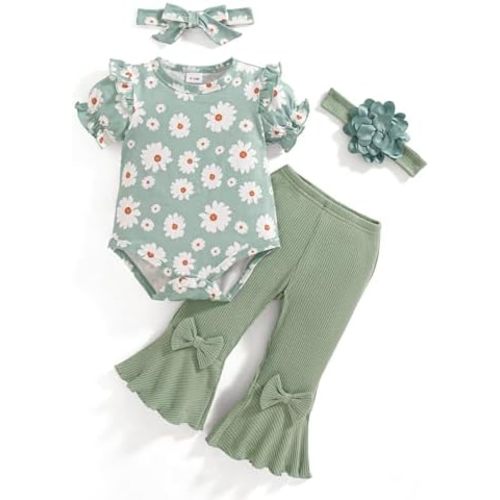 Vibebox Baby Girl Clothes Newborn Preemie Summer Outfits Short Sleeve Ruffle Romper Tops Bell Bottoms Pant Sets with Headband