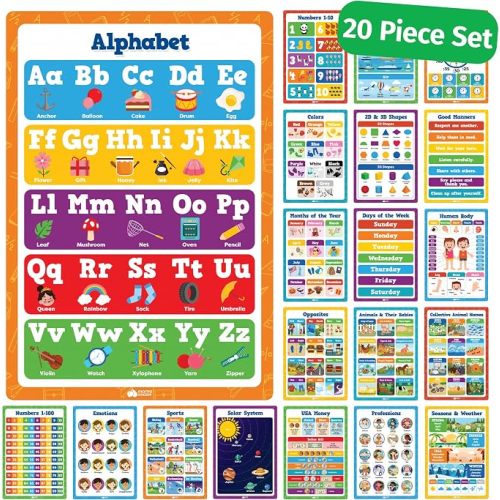 Educational Learning Posters for Toddlers 1-3 - 20pc Classroom Toddler Learning Posters - 16” x 11” Classroom Decor, Back to School Teacher Supplies - Kindergarten Preschool Classroom Must Haves