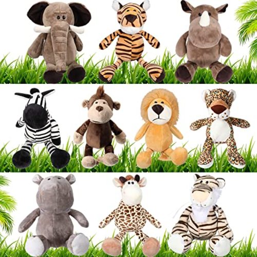 HyDren 10 Pieces 9 Inches Safari Stuffed Animals Set and Elephant Giraffe Lion Tiger Monkey Rhinoceros Zebra Leopard Hippo for Shower Jungle Animal(Classic)