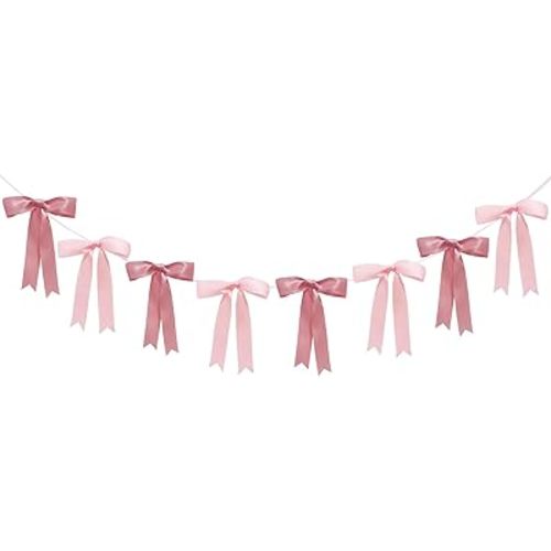 Pre-Strung Bow Garland Pink Ribbon Bow Banner for Girls Nursery Décor Bow Birthday Decorations Bow Themed Party Supplies 6 Feet