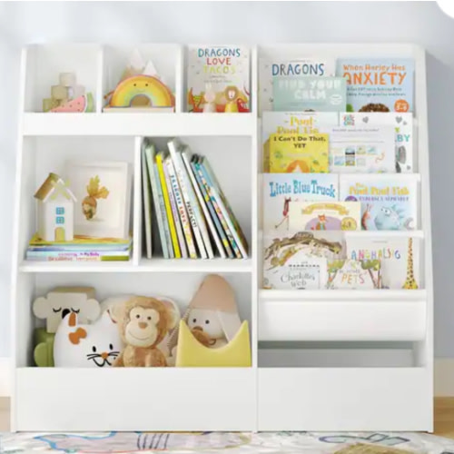 An open children's bookcase that can store books and toys