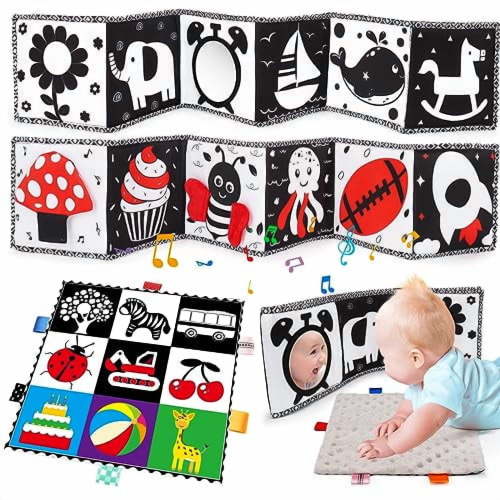 2 PCS Black and White High Contrast Baby Toys 0-6 Months Soft Crinkle Book for Early Education Montessori Sensory Toys for Newborn Brain Development Tummy Time Mirror Infant Toys 6-12 Months Gifts