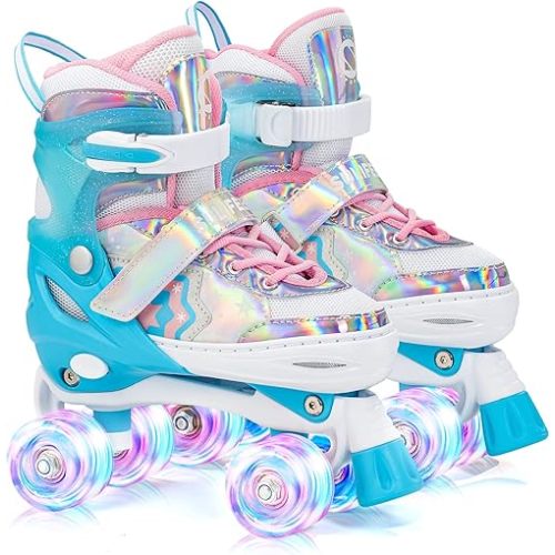 SULIFEEL Rainbow Unicorn 4 Size Adjustable Roller Skates for Girls Boys for Kids Ages 3-5 5-8 6-12 Children Skates Indoor Outdoor