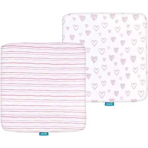 Square Playard/Playpen Fitted Sheets, Perfect for 36 X 36 Portable Playard, 2 Pack, 100% Jersey Knit Cotton Fitted Sheets, Mild Pink Stripes and Hearts Print for Baby Girls