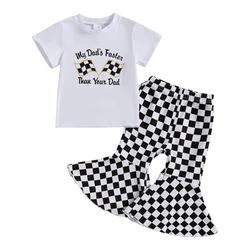 Toddler Baby Girl Summer Clothes Race Car Short Sleeve Letters T-Shirt Checkerboard Flared Pants Set Racing Outfit
