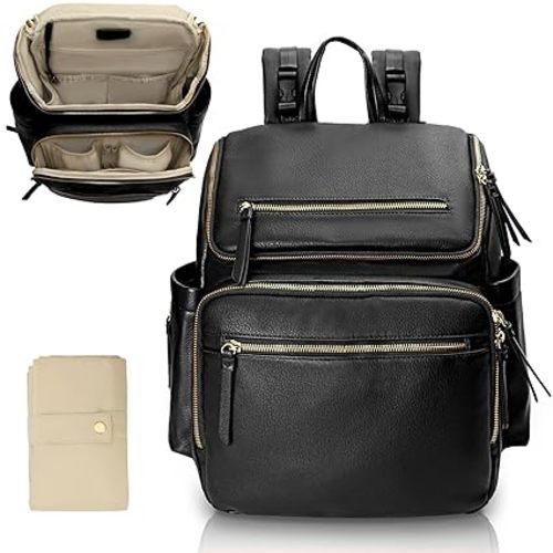 Omanmoli Diaper Bag Backpack Baby Diaper Bag Leather with 17 Diaper Bag Organizing Pouches,Changing Pad,Stroller Straps,4 Insulated Pockets,Black
