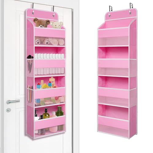 TYMENSH Pink Over Door Organizer with 4 Large Clear Pockets, Hanging Door Storage for Nursery, Bedroom, Bathroom, Closet, Toys, Diapers, Cosmetics, Baby Essentials