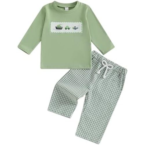 Sasaerucure Toddler Infant Baby Boy Fall Outfit Helicopter Ship Smocked Long Sleeve Shirt and Plaid Pants Vehicle Clothes Set