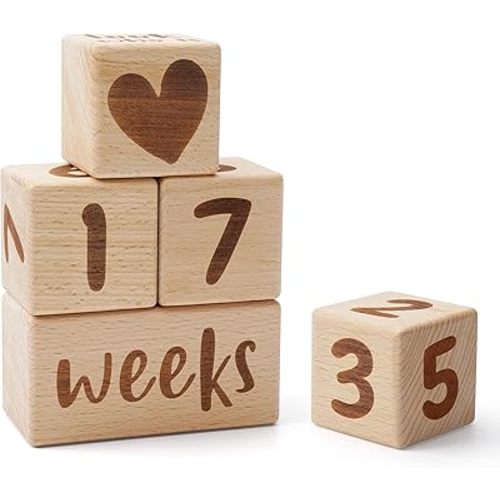 Baby Milestone Blocks – Wooden Monthly Age Blocks for Newborn Photography Props, 3 Number Cubes + 4 Time Blocks, Baby Shower Keepsake Gift