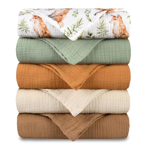 Muslin Receiving Blankets, Neutral Blanket Swaddling for Newborn Boys and Girls, 5 Pack Breathable and Skin-Friendly Swaddle Wrap for Infant Baby (Forest Fox)