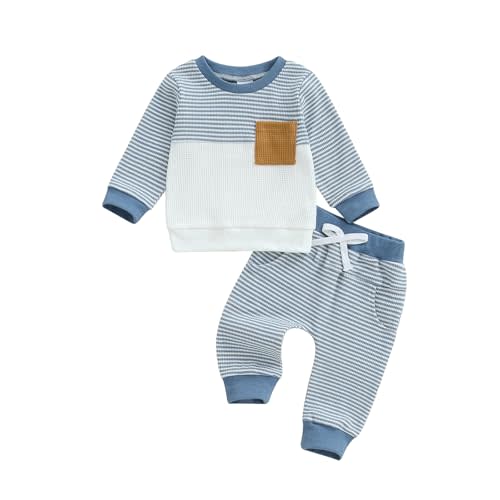 Toddler Baby Boys Fall Outfits Infant Long Sleeve Waffle Knit Clothing Sets 2pcs Color Block Winter Clothes