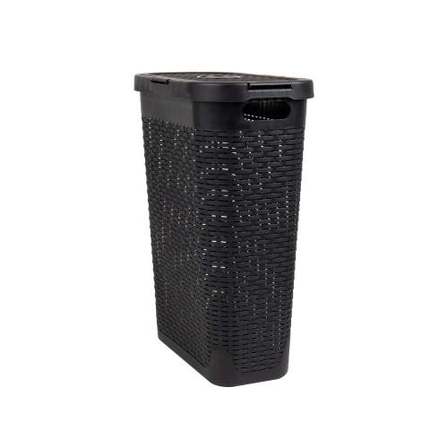 Mind Reader 40L Slim Laundry Hamper, Lid, Wicker Design, Plastic, 18"L x 10.4"W x 23.5"H Adult, Black