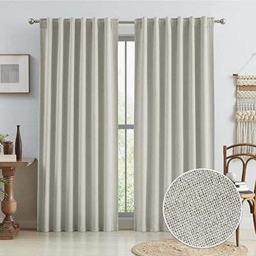 KEQIAOSUOCAI 90 Inch Blackout Curtains Hook Tape Belt Back Tab Cotton Farmhouse Linen Curtains Track Style Pleated Curtain Drapes for Living Room, Greyish Beige, 50 by 90 Inches Long, 2 Panels