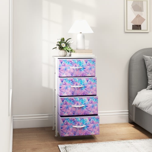 DWVO Dresser for Bedroom with 4 Drawers, Fabric Storage Tower Chest of Drawers, Space-Saving, Durable Design, for Living Room, Hallway, or Entryway, Tie-Dye Purple
