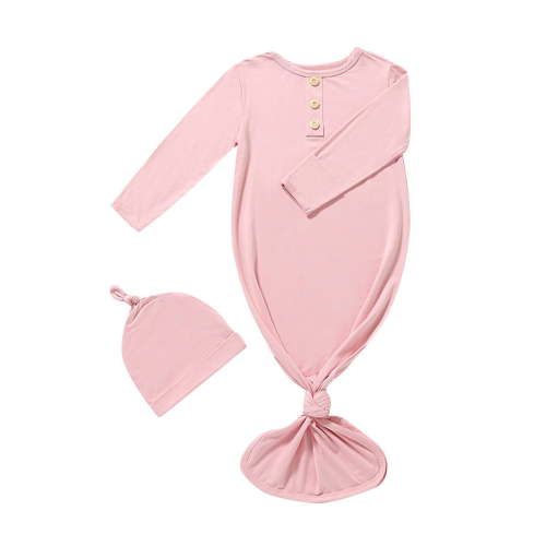 Odeerbi Baby Boys Girls Knotted Gown Hat Set Super Soft Sleeper Long Sleeve Sleep Gown Baby Clothes Newborn Baby Solid Color Cotton Jumpsuit Pajamas Hat Set Rompers Pink