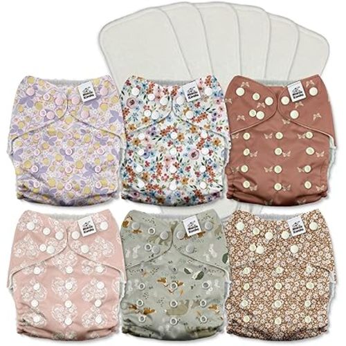 Mama Koala 3.0 Pocket Cloth Diapers for Babies with AWJ Lining, 6 Pack with 6 5-Layer Natural Cloth Diaper Inserts - Reusable and Washable Pocket Diapers(A-Wild Flowers)
