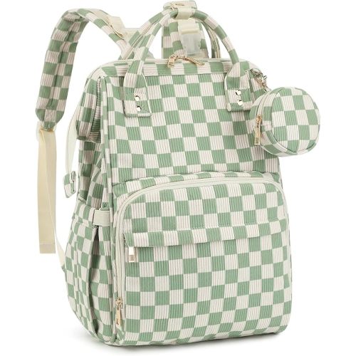 Corduroy Diaper Bag Backpack, Large Capacity Multifunction Baby Diaper Bags for Women, Insulated Bottle Pockets & Pacifier Case, Stylish Travel Nappy Changing Bags for Mom Dad (Checkered Green)