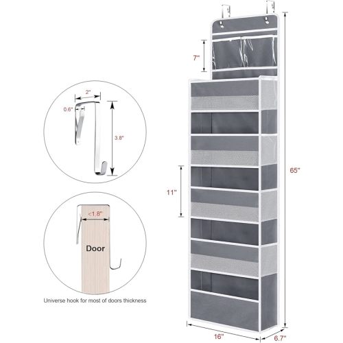 Univivi Over Door Hanging Organizer Storage with 5 Large Pockets and 2 Small PVC Pockets for Cosmetics Wall Hanging Storage Organizer for Pantry Baby Nursery Bathroom Closet Dorm(Grey)