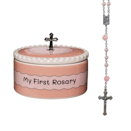 Baptism Gifts for Girl - My First Rosary with Keepsake Box, First Communion Gifts for Girls, Baptisms Gifts for Boys or Girls Christening. Pink Rosary, Ceramic Box and Gift Packaging
