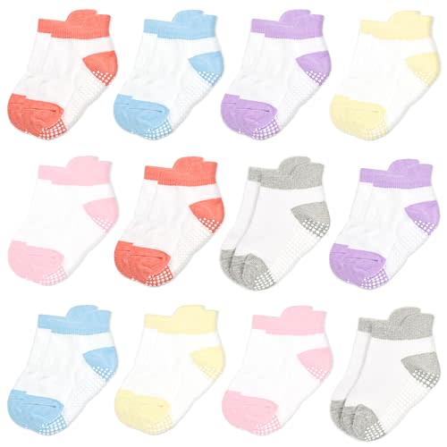 HYCLES Toddler Girl Socks, 12 Pairs Non Slip Ankle Toddler Socks for 1-7 Years Baby Girls Kids