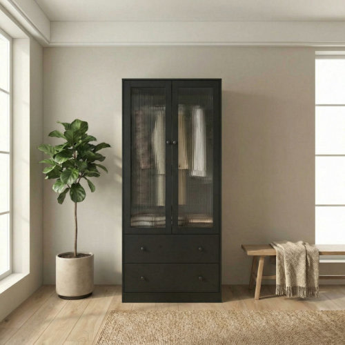 Ebern Designs 20" D Armoire Wardrobe Closet With Fluted Glass And Drawers, 71" H Clothing Storage Cabinet With Hanging Rod And Soft-Close Doors & Reviews | Wayfair