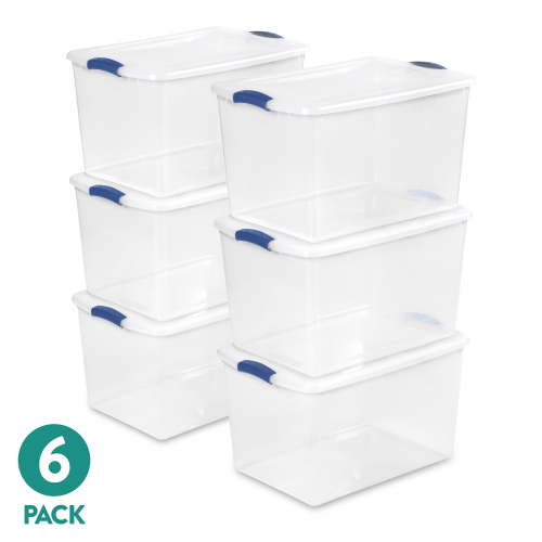 Sterilite Large Latching Storage Bin, 66 Quart Clear Plastic Storage Container with Clear Lid, Blue Latch, 6 Pack