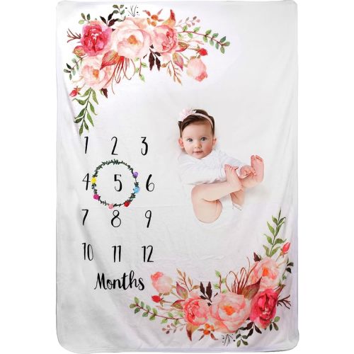 Baby Monthly Milestone Blanket for Boy Girl Soft Floral Memory Blanket Newborn Growth Chart Milestone Blanket Cute Photo Background Blanket with Wreath (51x40In)