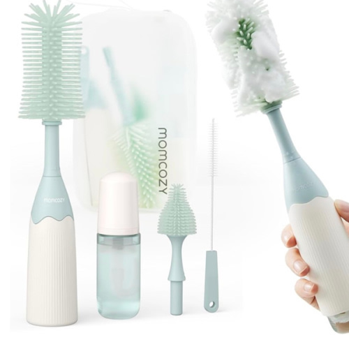 Momcozy Bottle Brush Kit, Innovative Push-Press Design for Better Cleaning - Baby Bottle Cleaner Brush for Baby Bottle, Breast Pumps, Nipples, and More - Can Generate Foam for Better Cleaning, Green