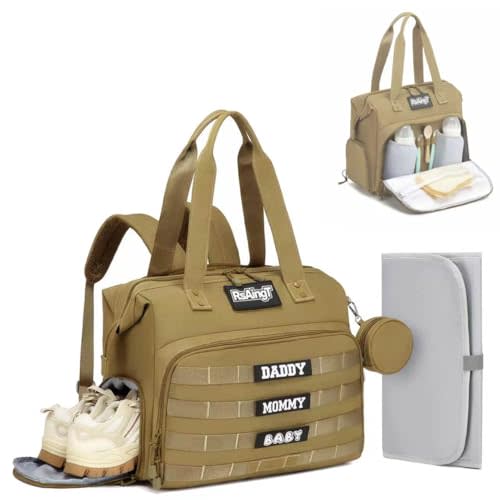 Tactical Diaper Bag Backpack for Dad, Large Utility Baby Changing Bag with Insulated Bottle Holders(Kakki)