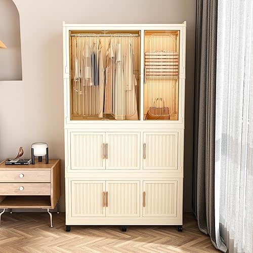 Portable Wardrobe Closet Organizer, Large Kids Wardrobe Closet with Magnetic Doors and Wheels, Collapsible Plastic Baby Clothes Storage Cabinet, 8 Cubes and 1 Wardrobes (17.7"D x 36.2"W x 62.2"H)