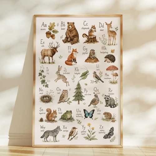 Woodland Nursery Print, Educational Alphabet, Watercolor Nursery ABCs Wall Art, Forest Animals, Montessori, Woodland Alphabet