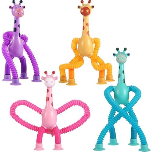 XONTEUS 4 Pcs Pop Tubes Giraffe Travel Airplane Road Trip Car Activities Essential,Telescopic Suction Cup Sensory Toys,Screen-Free Activity for Toddler Fidgets for Classroom,Stocking Stuffers for Kids