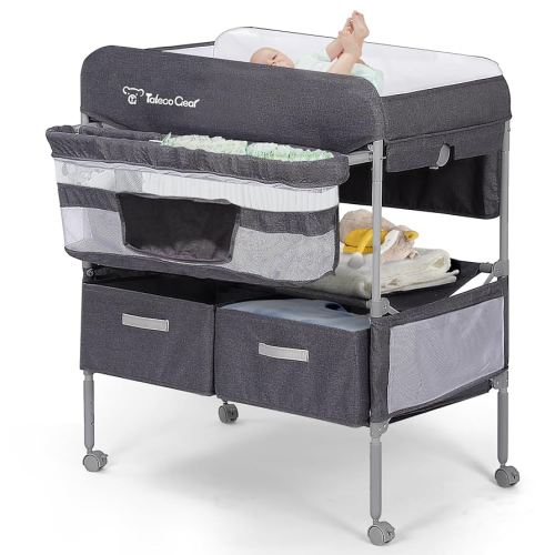 Baby Changing Table, Portable Changing Table with 2 Storage Baskets, Adjustable Heights, Foldable Changing Table Dresser with Soft Waterproof Changing Station for Newborns & Infant