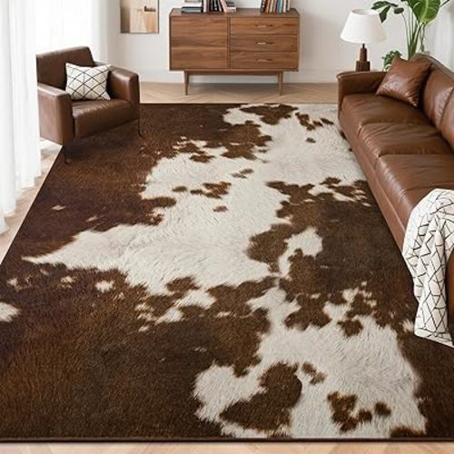 Foxmas Area Rugs for Living Room, 4x6 Feet Cow Print Washable Rug, Non-Slip Low Pile Indoor Floor Cowhide Animal Rug, Carpet for Bedroom Dining Room Laundry Room Western Kitchen Home Office