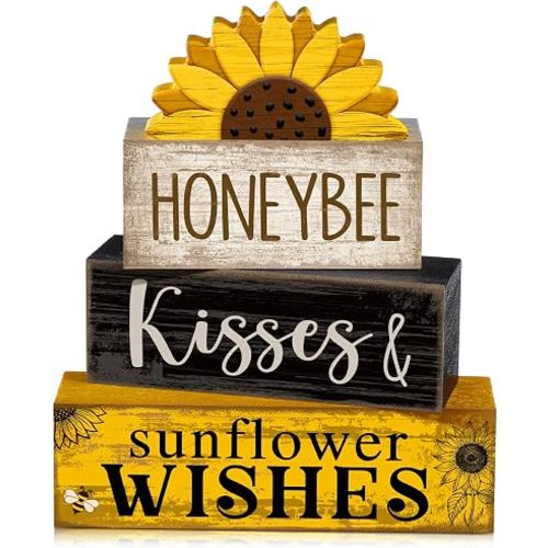 Lineshading 4 Pcs Summer Table Decor Wooden Sunflower Tiered Tray Decor Rustic Farmhouse Yellow Block Signs Gifts Summer Tabletop Centerpieces for Home Kitchen Coffee Bar Decorations