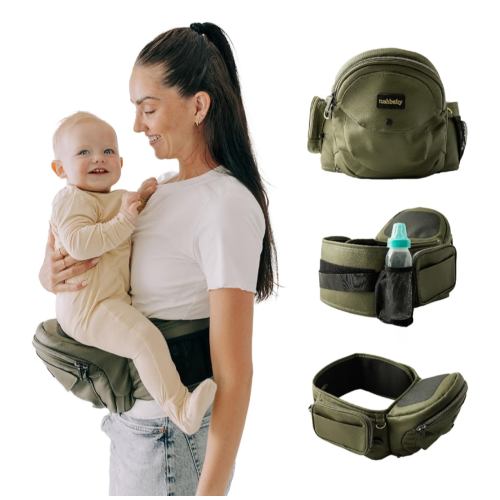 Tushbaby Original Hip Seat Baby Carrier for Babies & Toddlers up to 45 lbs, Safety Certified, Lightweight No-Foam Design with Storage, Olive