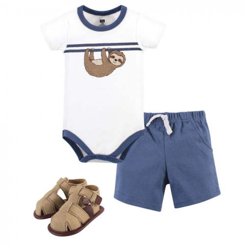 Hudson Baby Infant Boy Cotton Bodysuit, Shorts and Shoe 3pc Set, Sloth, 3-6 Months