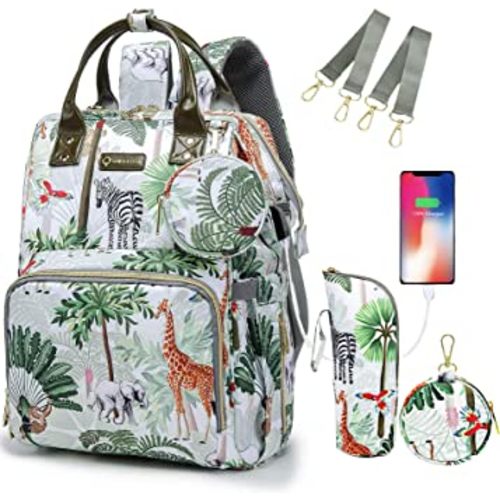 Tropical Rainforest Diaper Bag Backpack,Animal Nappy Backpack with Coin Bag USB Charging Port Stroller Straps and Insulated Pocket For Women/Mom/Travel (Animal Pattern)
