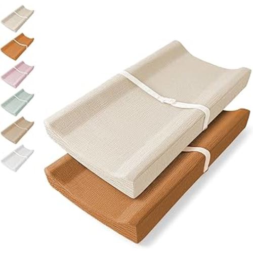 Muslin Changing Pad Cover 2 Pack, Soft Baby Changing Pad Covers, Stays in Place, Fits Standard 32x16 Inches Changing Pads, No Shrink, Perfect for Baby Girls (Brown & Beige)