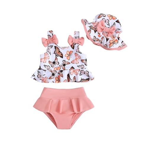 Mioglrie Baby Infant Swimsuit Girl Toddler Bathing Suit Girl Summer Beach Bikini Tankini Swimwear Hat 3-24 Months 2t-5t