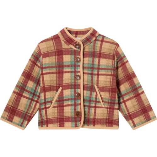 Baby Plaid Long Sleeve Side Pockets Wooden Button Jacket, Chili Oil - Coco Au Lait | Maisonette