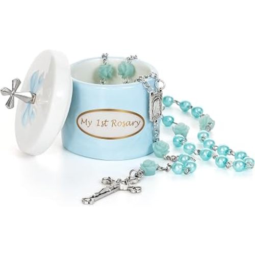 My First Blue Rosary and Keepsake Box, Catholic Baptism Gift for Baby Boy, Christening Set from Godparents, First Communion Rosary, Baby Shower Keepsake Box, Religious Boy Baptism Gifts