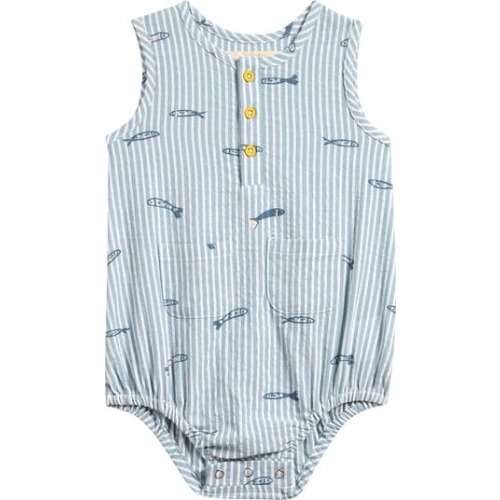 Sardine Embroidery Organic Cotton Seersucker Romper, 0-3M