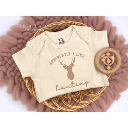 Embroidered Apparently I like Hunting Bodysuit 0-3 Cream Long sleeve