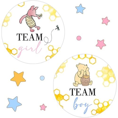 72PCS Winnie Gender Reveal Decorations, Winnie Baby Shower Decoration, The Pooh Stickers, Team Boy Or Girl Stickers, Gender Reveal Games for Voting Game, Gender Reveal Party