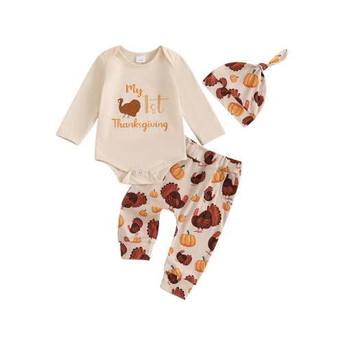 Baby Boy Girl My First Thanksgiving/Halloween Outfits Turkey/Pumpkin Romper Bodysuit Pants Hat Set Fall Winter Clothes